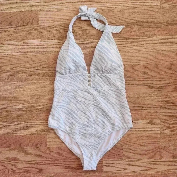 EUC Heidi Klein Zebra Print Stretch Piqué Halterneck Swimsuit Size L